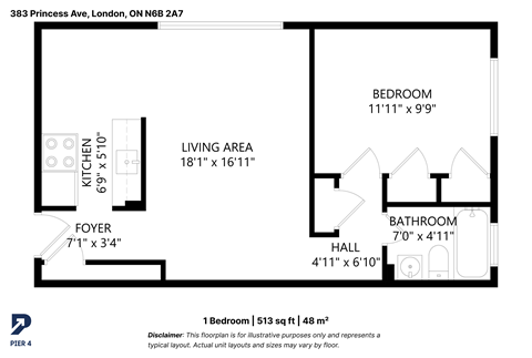 Floor plan for 1 bed, 1 bath, 513 sqft